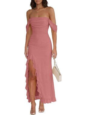 Women's Light Pink Off Shoulder Bodycon Backless Sleeveless Wedding Maxi Dresses